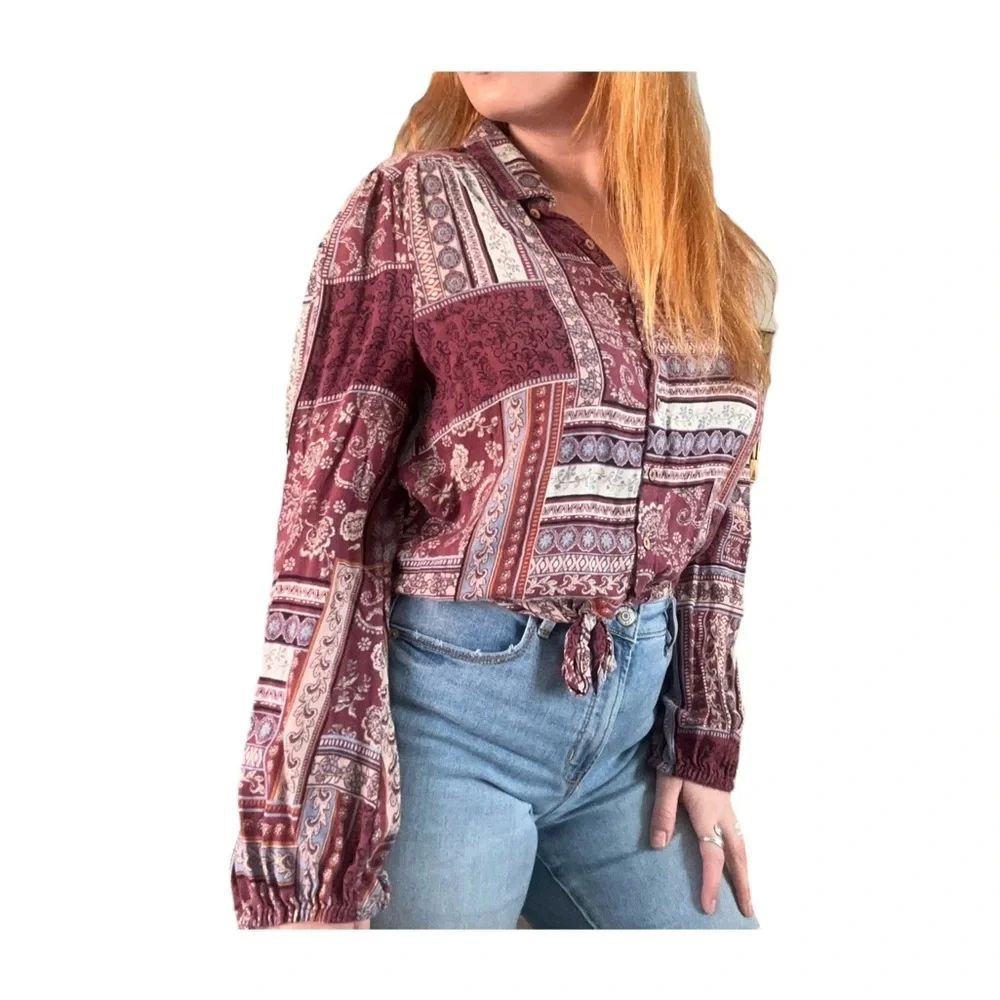 AMERICAN RAG Womens Red Printed Long Sleeve Collared Button Up Top Large - Picture 1 of 8